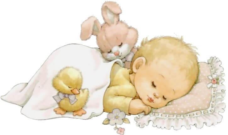 Baby slaapt met knuffels