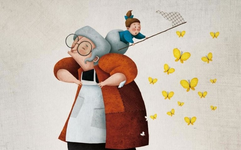 Oma en kleinkind vangen vlinders