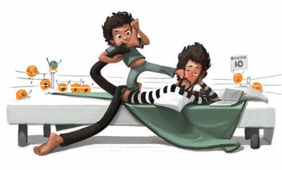 Oom en neefje stoeien