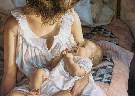 Schilderij moeder met haar baby Moeder praat tegen haar baby