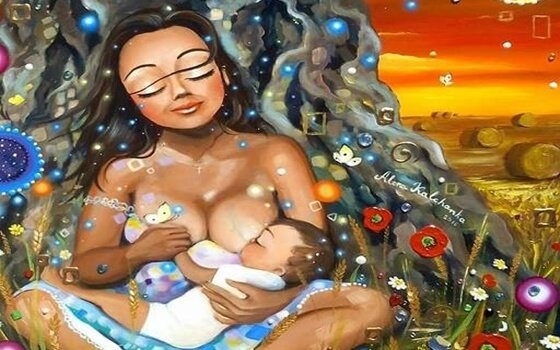 Tekening vrouw geeft borstvoeding