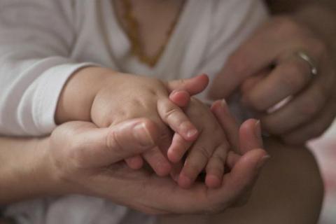 Handen van kind in die van een volwassene