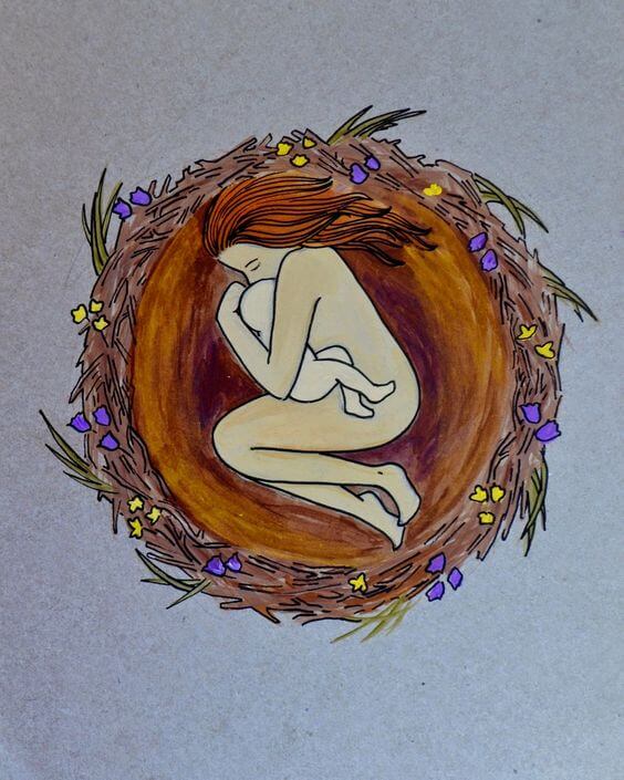 Cartoon moeder en kind in een nest