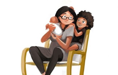 Moeder en twee kinderen op een stoel