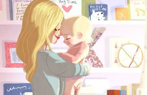 Een alleenstaande moeder knuffelt haar baby