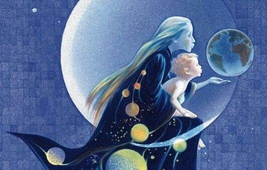 Moeder en kind met de maan en de aarde