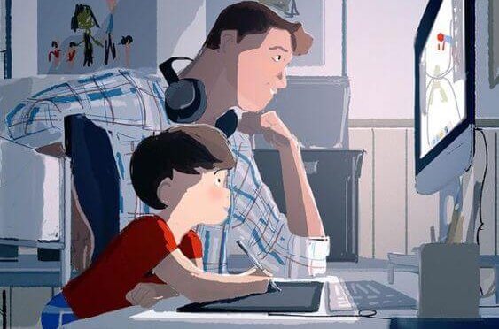 Een goede vader kijkt tv met zijn zoon