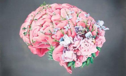 De hersenen van een moeder: een roze brein met bloemen