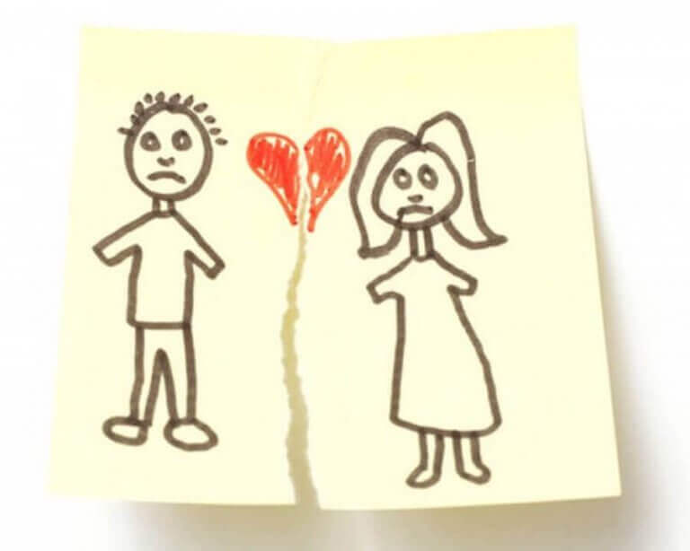 Tekening van een man en een vrouw met een gebroken hart