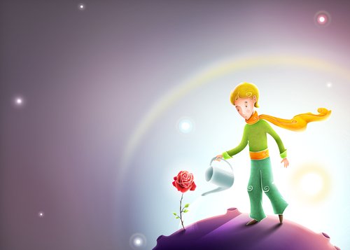 De kleine prins geeft een bloem water